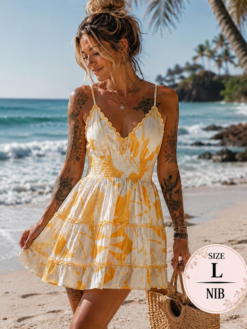 POL NIB Yellow White Tropical Smocked Mini Dress Boho Size L
